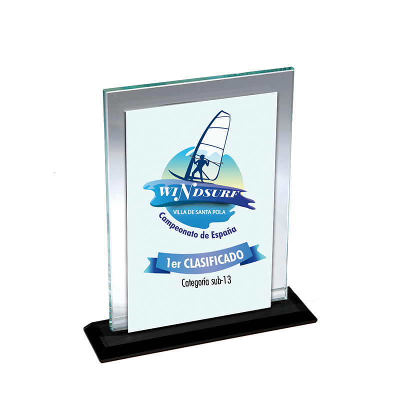 Trofeo cristal rectangular impreso a color. Ref. 24102