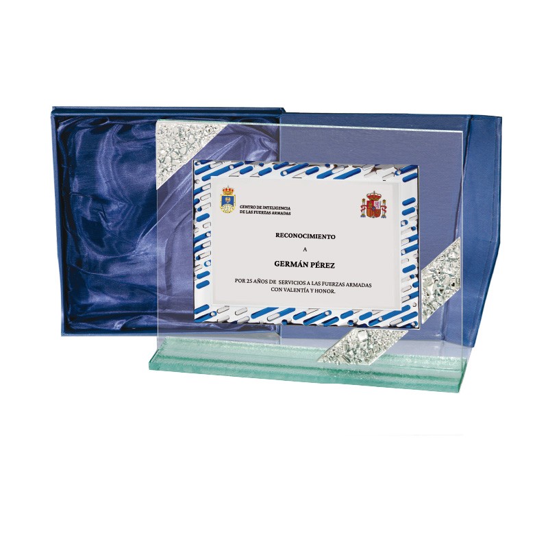 Placa homenaje de cristal y aluminio en 2 tamaños. Ref. GANGES 