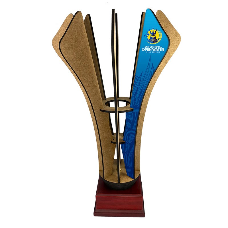 Trofeo de madera de 5 mm impreso con peana de madera