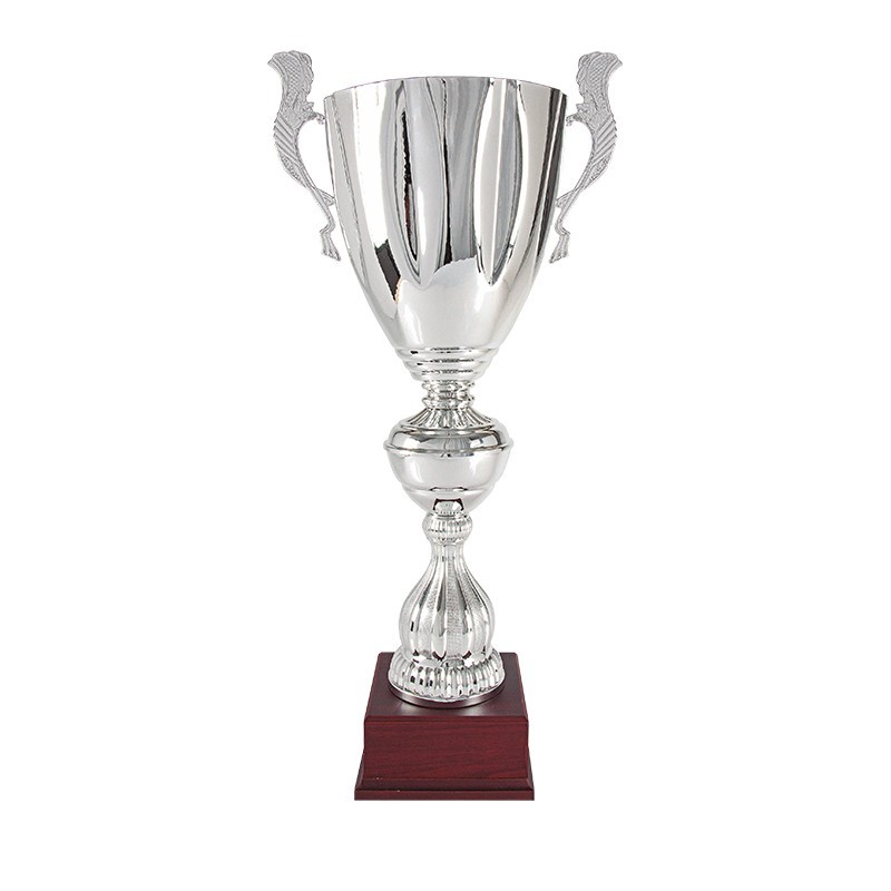 Trofeo clásico plateado con asas y peana madera