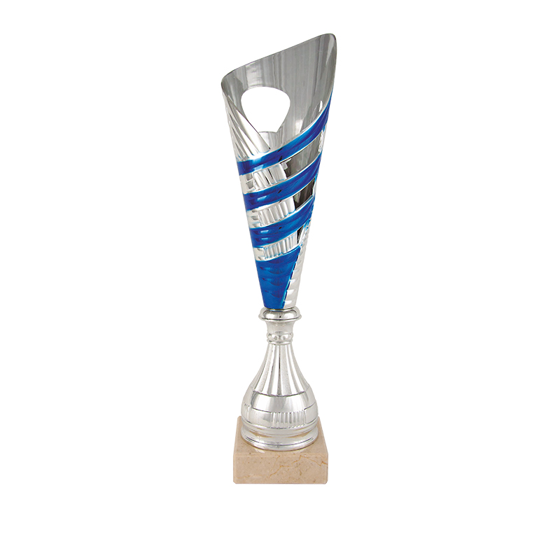 Trofeo cónico plata/azul c/peana de mármol perla