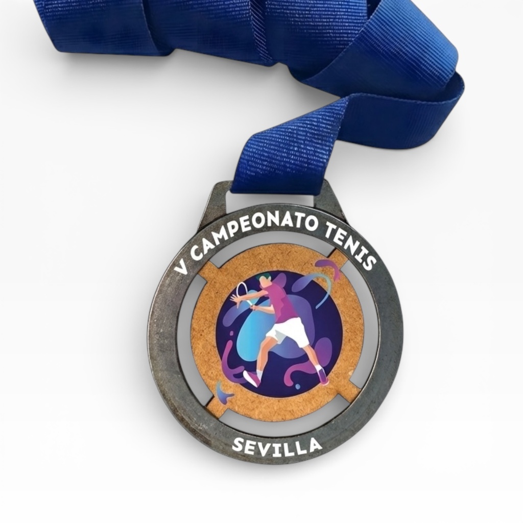 Medalla redonda de metal y madera impresa a color. Ref. S12G