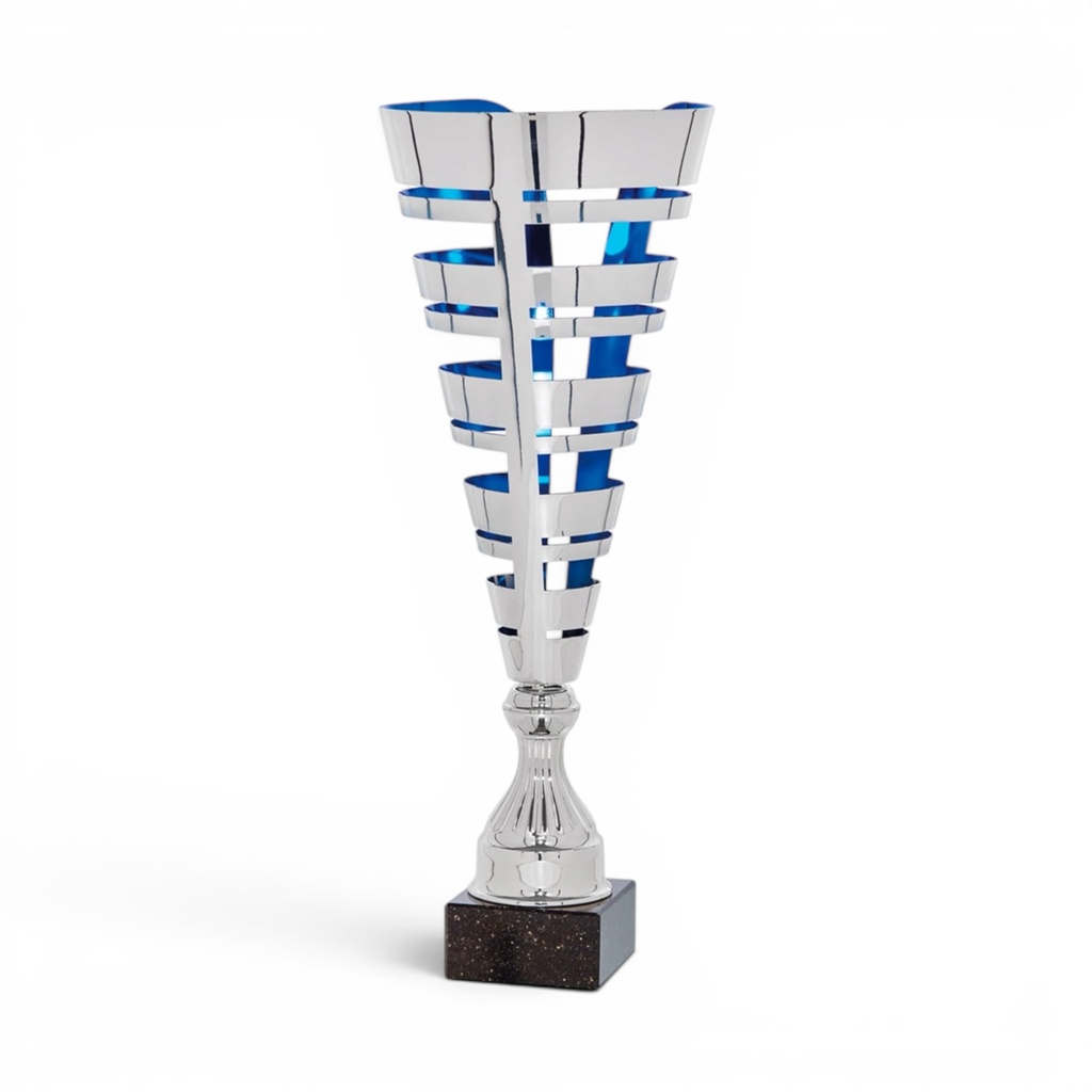 Trofeo bicolor en plata y azul abstracto con peana de mármol negra Ref.26002