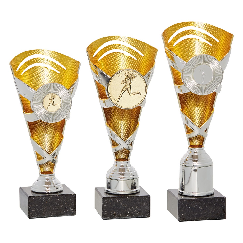 Trofeo Económico portadiscos plata y oro de 3 alturas. Ref. 50-4041