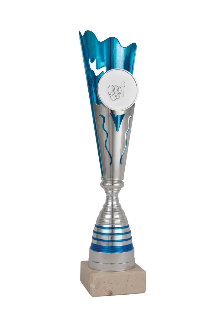 Trofeo Económico con portadiscos en plata y azul de 3 alturas. Ref. 26037