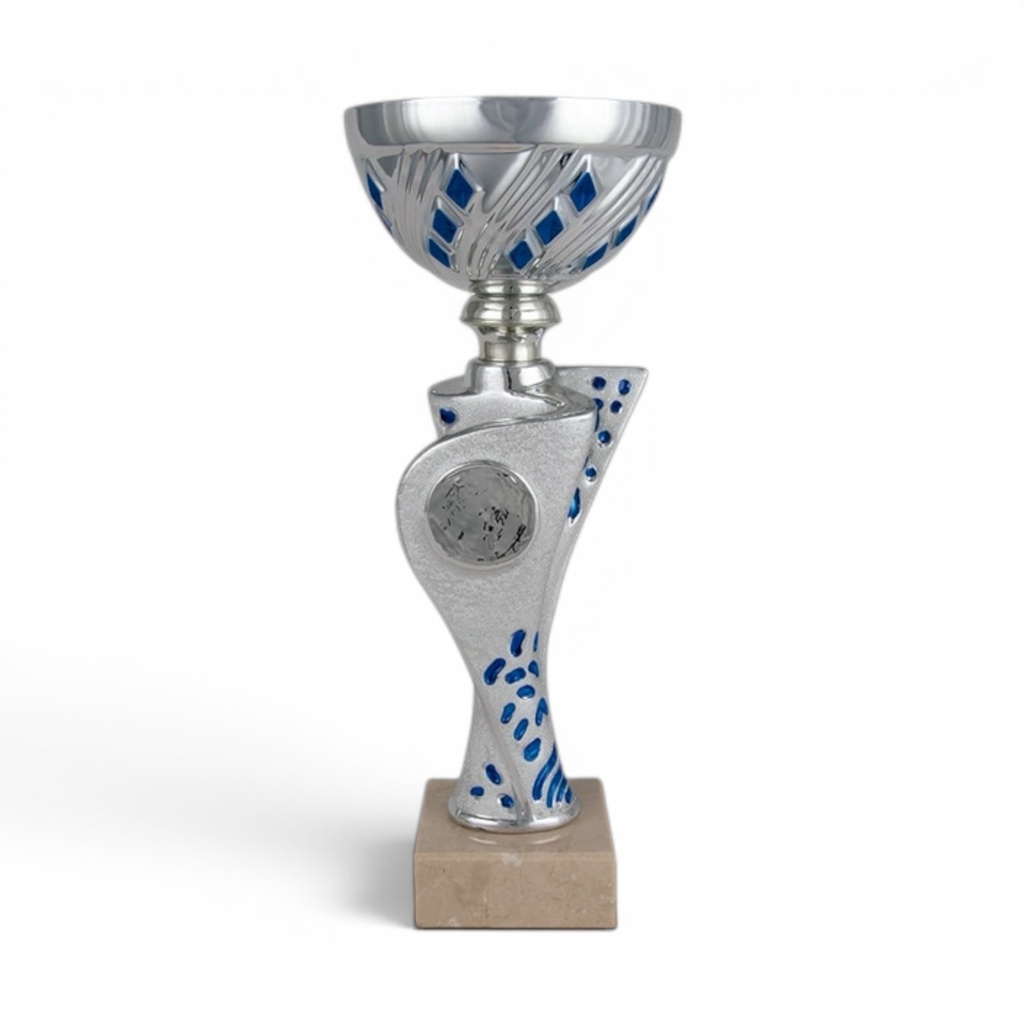 Copa plateada y azul con disco personalizable, 3 alturas Ref. 26050