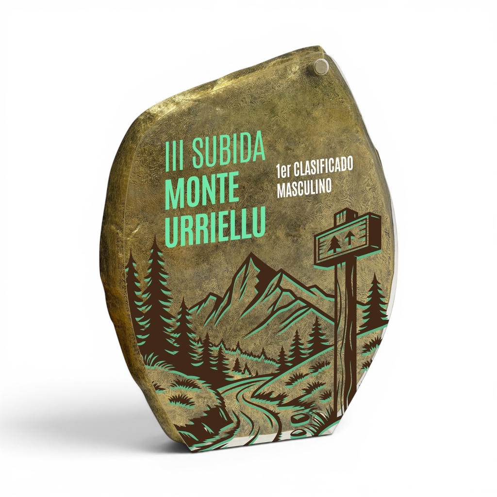 Trofeo impreso en 3D efecto piedra e impreso a color. 3 alturas. Ref. TP10