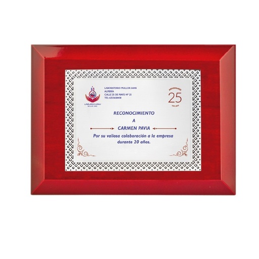 Placa homenaje en aluminio de 2 tamaños. Ref. PISA