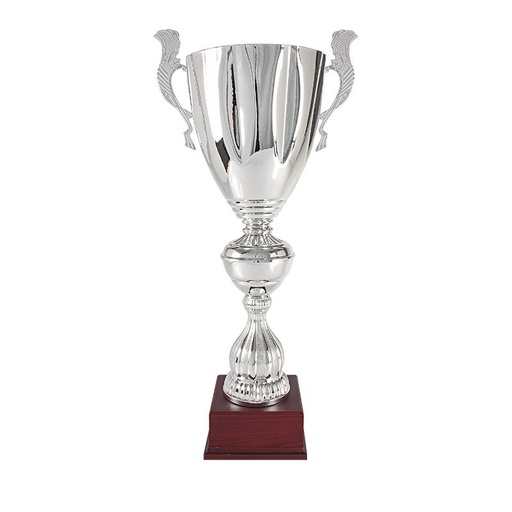 Trofeo clásico plateado con asas y peana madera
