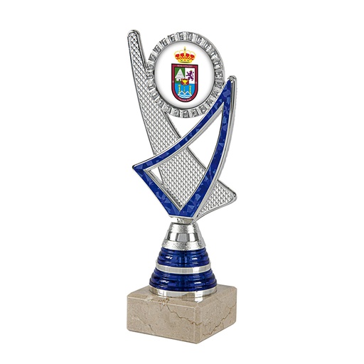 Trofeo plástico portadiscos plata y azul. ref:24110