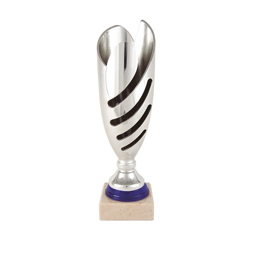Trofeo plata con base azul y peana de mármol perla