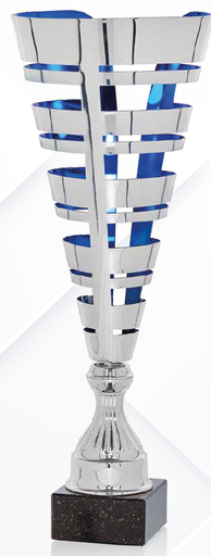 Trofeo bicolor en plata y azul abstracto con peana de mármol negra Ref.26002