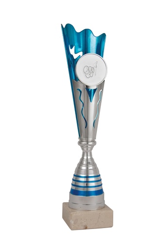 Trofeo Económico con portadiscos en plata y azul de 3 alturas. Ref. 26037