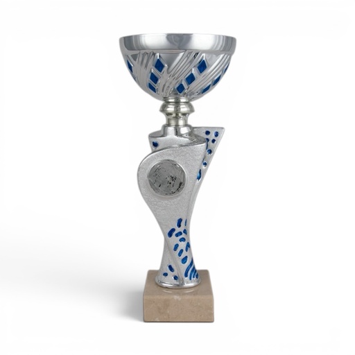 Copa plateada y azul con disco personalizable, 3 alturas Ref. 26050